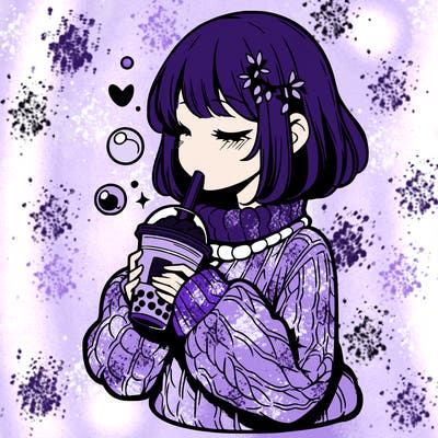 manga girl drinking boba in cozy sweater