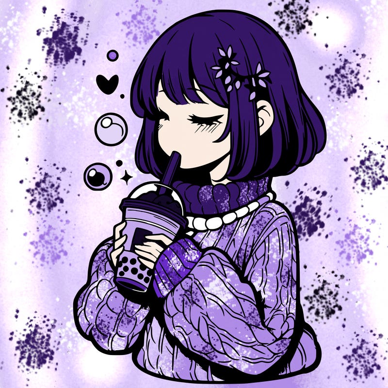 manga girl drinking boba in cozy sweater