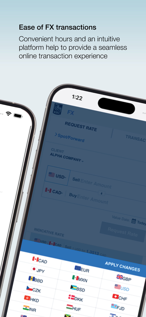 RBC DX - The RBC DX mobile app displaying a foreign exchange rate request interface for corporate clients.