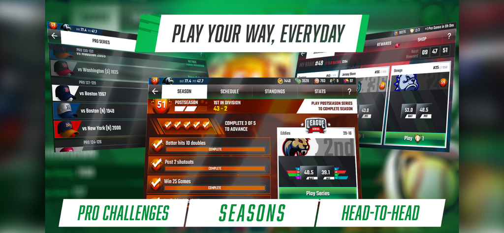 Franchise Baseball Pro GM game modes screen showing seasons pro challenges and head to head options