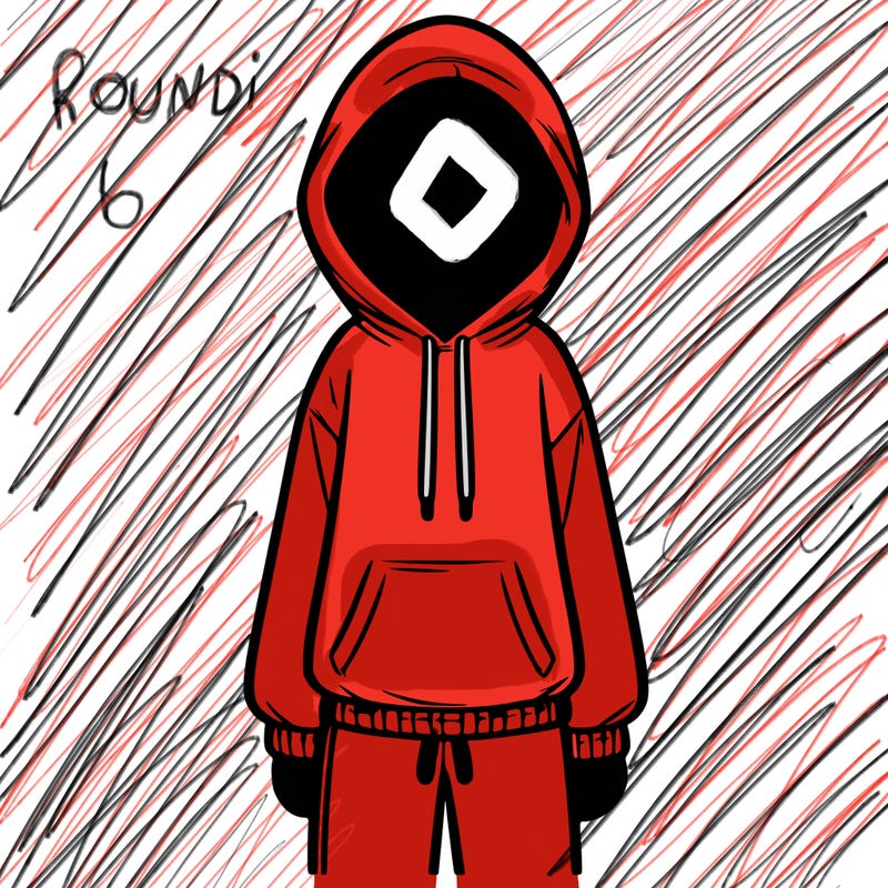 faceless girl in a tracksuit with a hood on and no hair