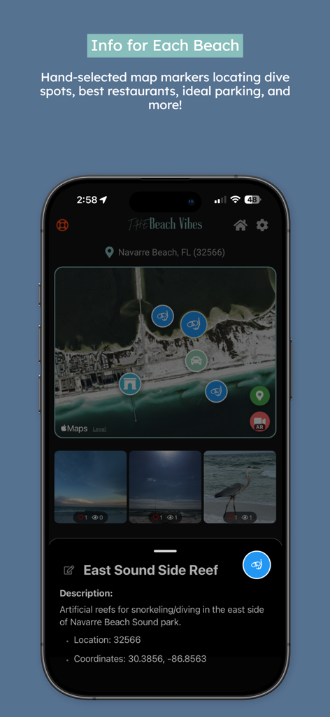 The Beach Vibes - Map view of Navarre Beach with icons for snorkeling spots and parking in The Beach Vibes app