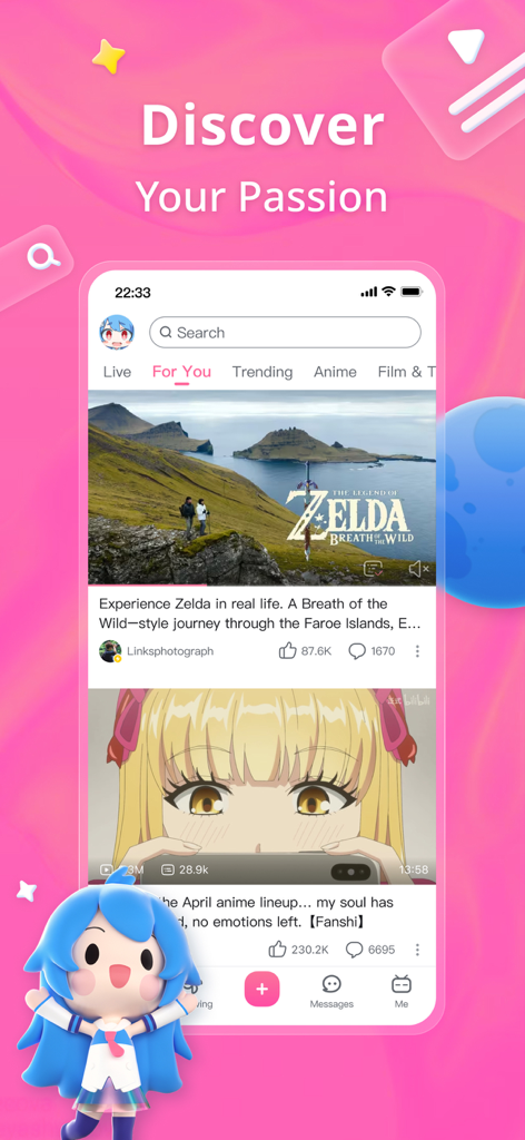 Bilibili App-Oberfläche, die den "For You"-Feed mit Anime- und Gaming-Videos zeigt