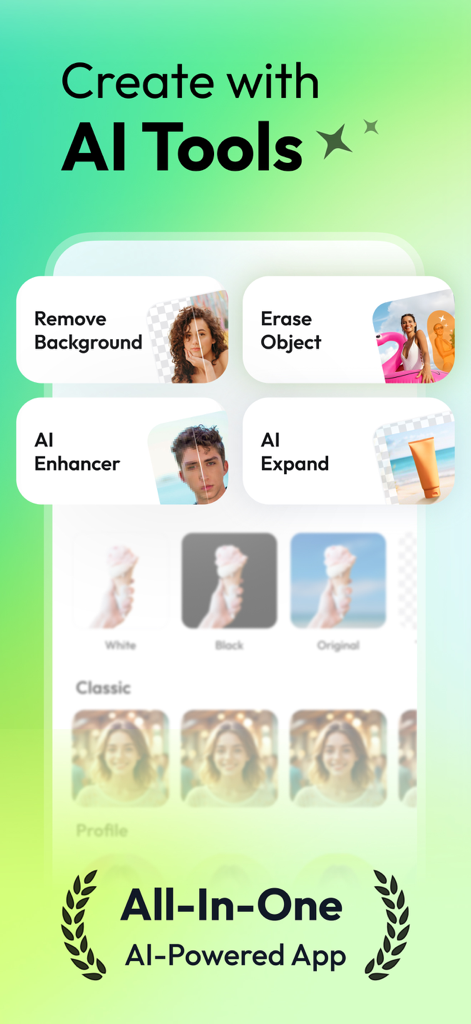 AnyEraser: Remove Objects AI - Interfaz de la aplicación AnyEraser que muestra herramientas de IA para eliminación de fondos, borrado de objetos y mejora de fotos