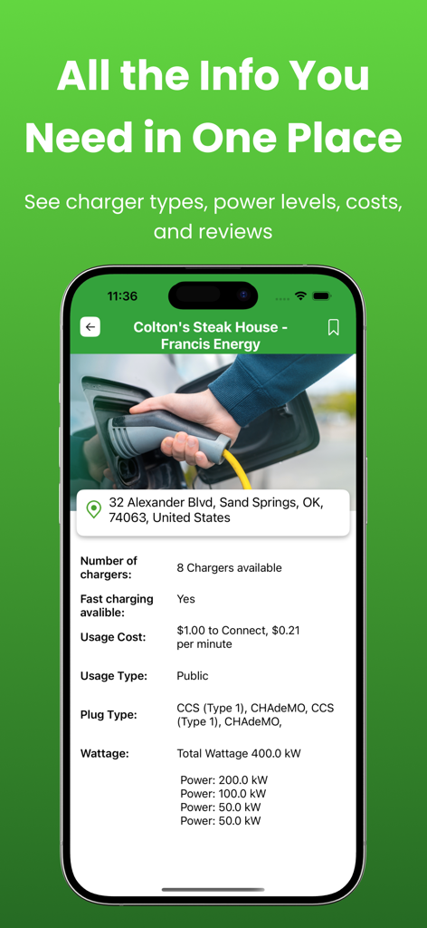 Charge Point for Tesla - Smartphone screen displaying detailed information for an EV charging station including cost and wattage
