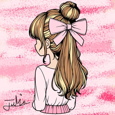 realistic girl  with hip length hair a bun and a big bow on the back of head