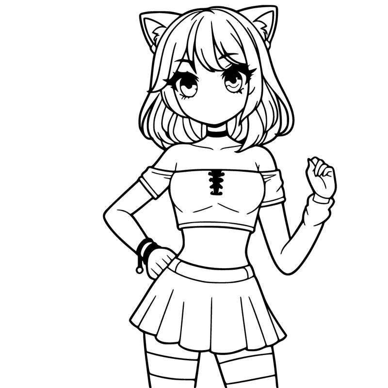 girl with crop top and a short skirt she also has medium hair with wolf bangs