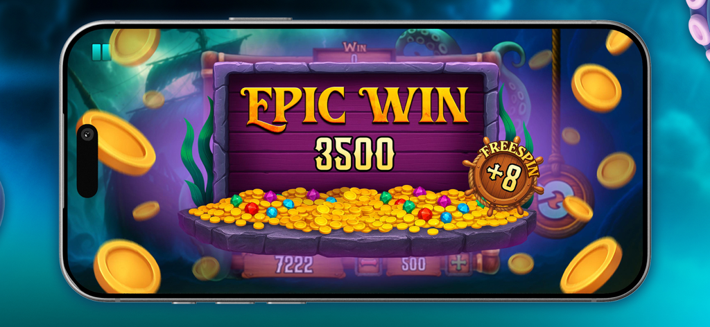 Super slot: mega game - Visualizzazione di vincita epica con 3500 monete e 8 giri gratuiti in un gioco di slot a tema pirata.