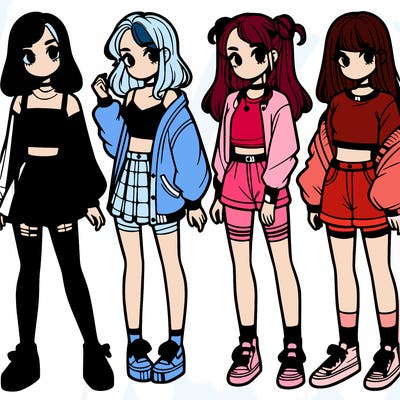 one girl with crop-top shirt and a jacket with a skirt, long socks and another girl with a shirt and pants with a jacket