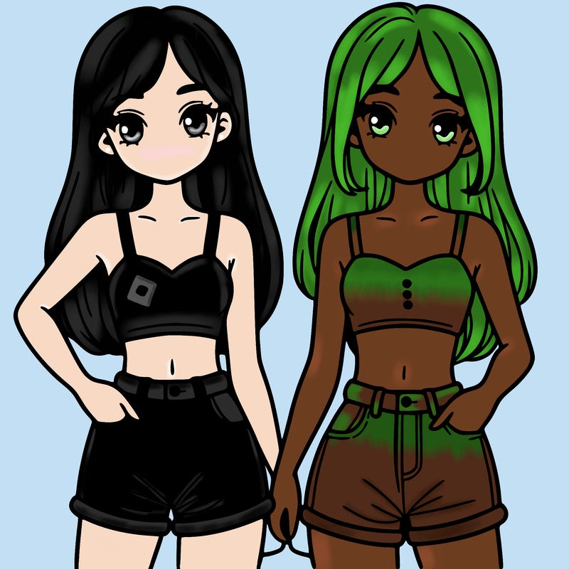 two sisters with crop tops and jean shorts and straight hair