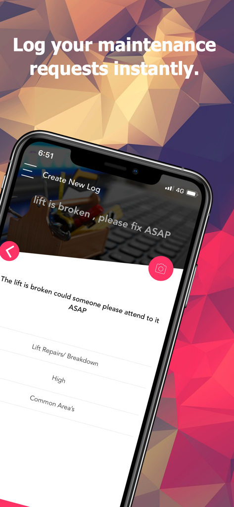 Interfaccia dell'app Stratafy per la creazione di un nuovo registro di manutenzione per segnalare un ascensore rotto