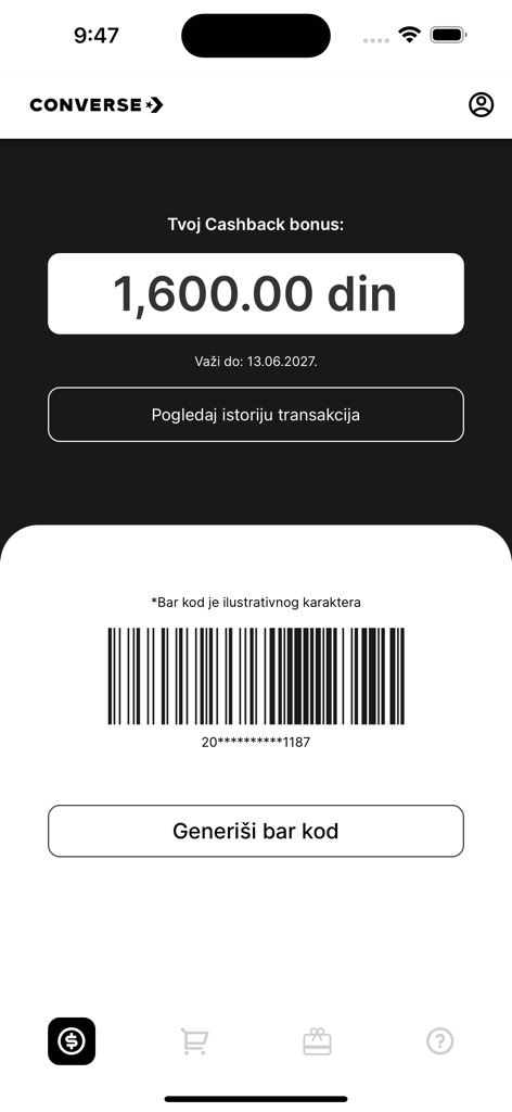 Converse Srbija - Interfaz de la aplicación Converse Srbija que muestra un saldo de bonificación de cashback y un código de barras digital para recompensas de fidelidad