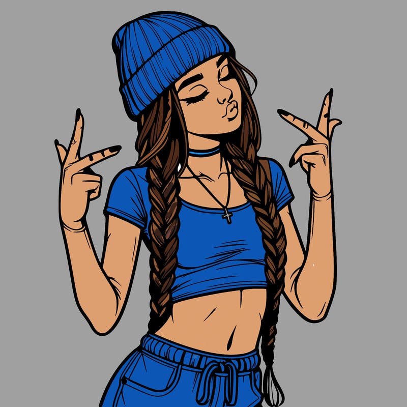 realistic teenage girl with braids and a beanie and crop top doing 🫶🏼