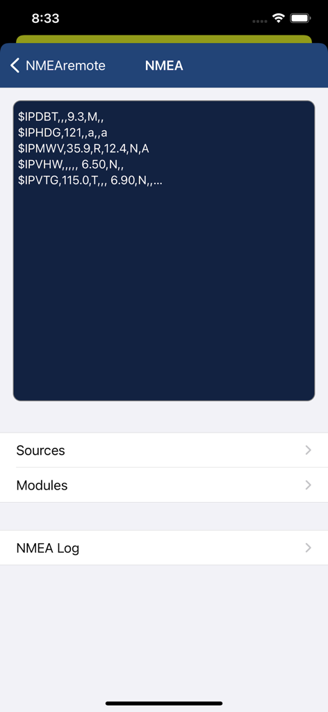 NMEAremote LITE - Raw NMEA data stream and navigation logs displayed in the NMEAremote LITE app