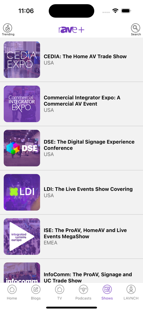 rAVe + - Una lista de las principales ferias comerciales de la industria AV, incluidas CEDIA e InfoComm, dentro de la aplicación rAVe plus