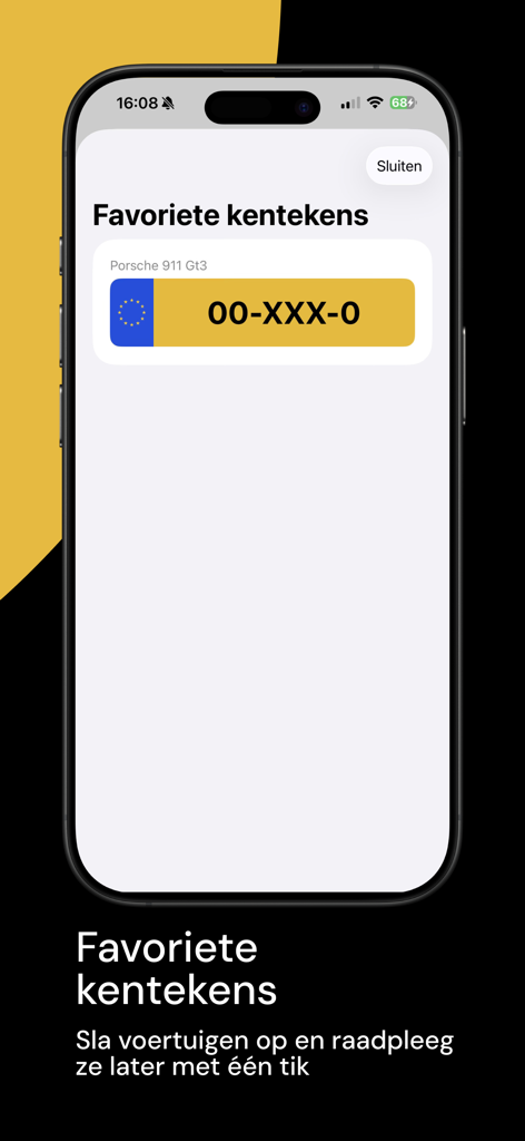 Interface do aplicativo Kenteken Scanner exibindo o recurso de lista de matrículas holandesas favoritas