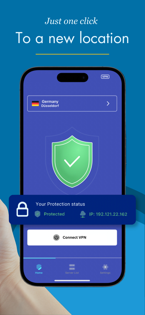 Interfaz de la aplicación VPN One Click que muestra una conexión protegida a Alemania