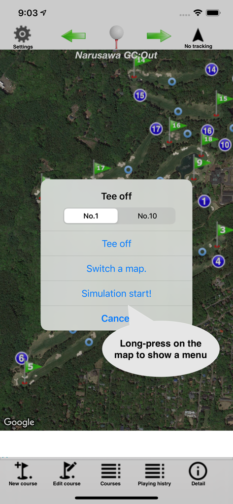 Satellite map view of a golf course with a tee off selection menu