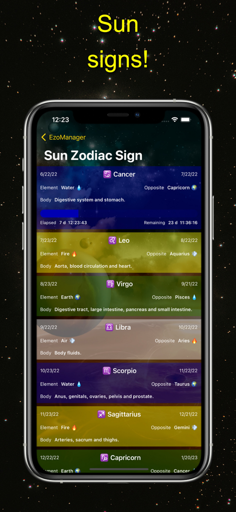 EzoManager – esoteric planner - EzoManager app interface displaying a list of Sun zodiac signs with their corresponding dates, elements, and affected body systems.