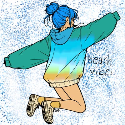 realistic girl jumping with a bun and oversized sweatshirt