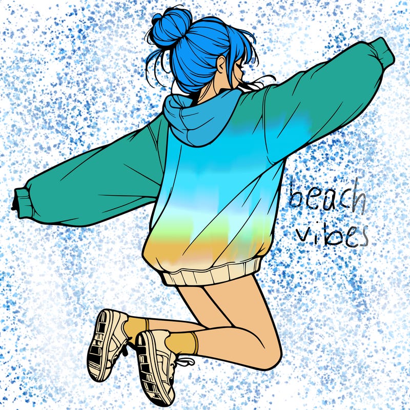 realistic girl jumping with a bun and oversized sweatshirt