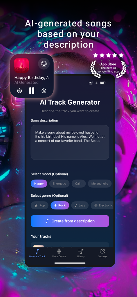 MUSE: Song Generator & AI - Mobile Benutzeroberfläche der MUSE KI-Songgenerator-App, die zeigt, wie ein benutzerdefinierter Track aus einer Textaufforderung erstellt wird.