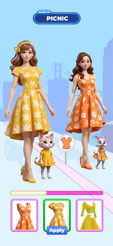 Fashion Battle: Catwalk Show - Dos modelos y sus mascotas luciendo vestidos florales a juego en una competencia de pasarela temática de picnic