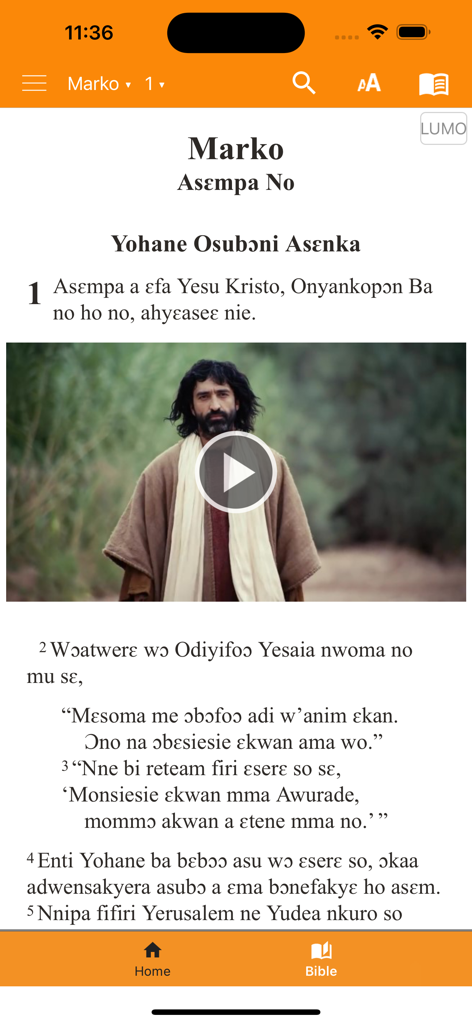 Asante Twi Bible app interface showing the Gospel of Mark with a video player feature