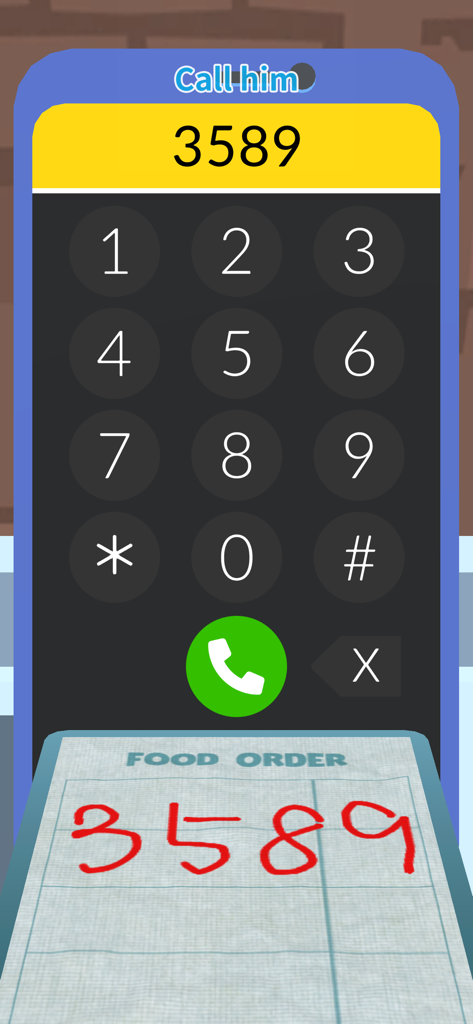 Order please! -Draw&Story game - A gameplay screenshot of Order please showing a phone keypad and a handwritten number on an order slip to dial