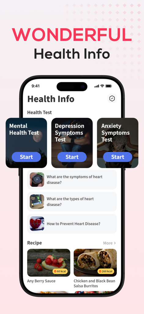 Interface of Health Tracker app showing mental health tests, heart disease articles and healthy recipes