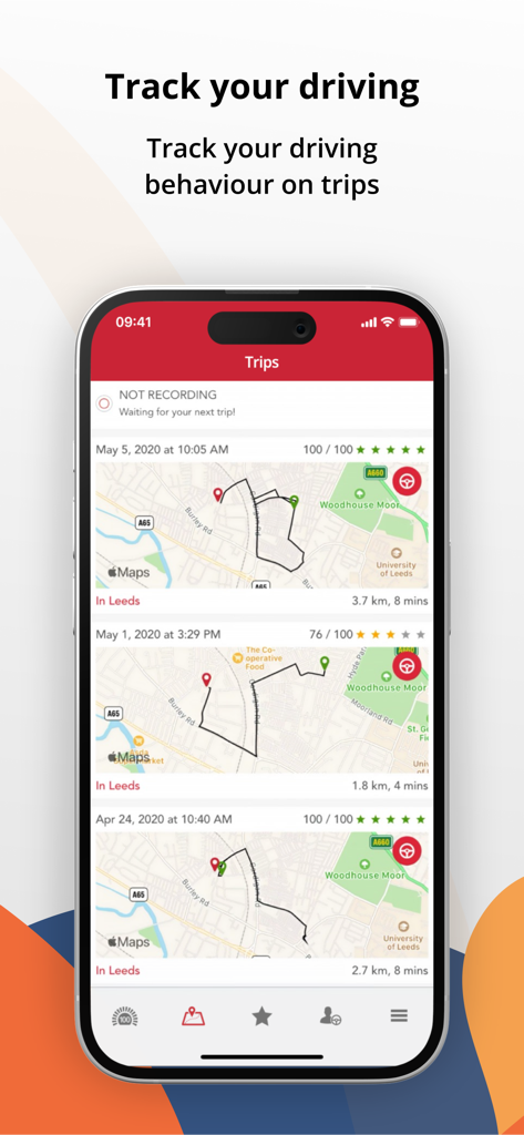 AvisBudget SafeDrive app screen showing trip history with maps and driving scores.