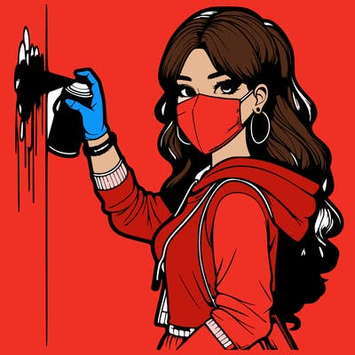 realistic girl with mask spray painting a wall