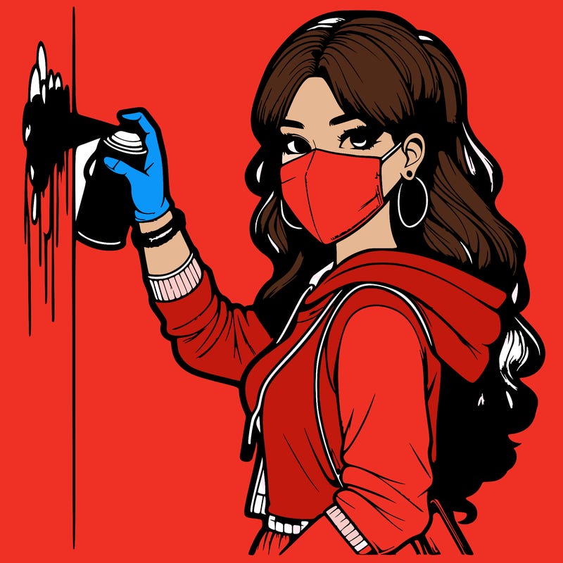 realistic girl with mask spray painting a wall