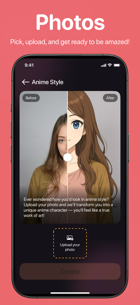 PepAI - Your Daily Companion - Screenshot of PepAI app showing a before and after comparison of a woman's portrait transformed into anime style.