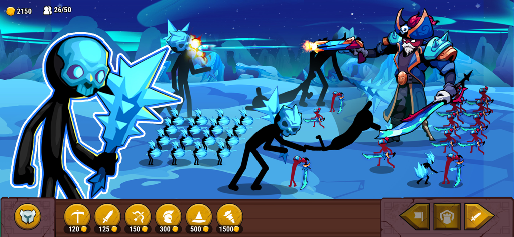 Stick Saga: Endless War - Stickman strategy battle gameplay with giant characters and unit selection menu