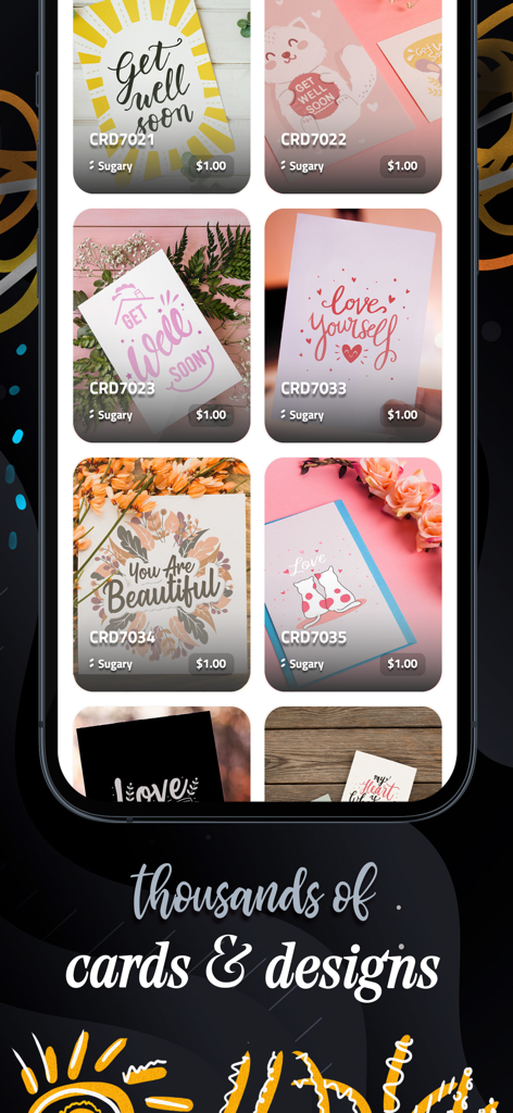 ギフトの機会のために様々な美的グリーティングカードデザインを表示するモバイルアプリインターフェイス。