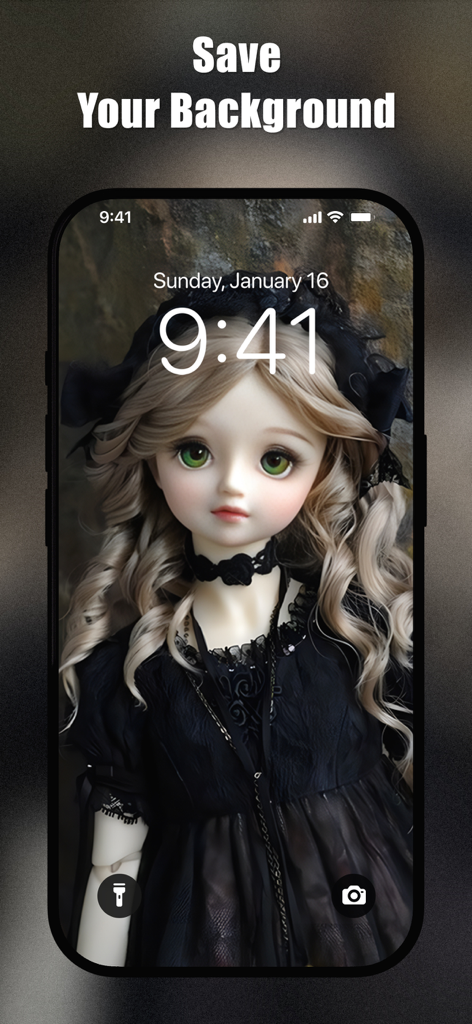 Cute Doll Wallpapers 4K | HD - iPhone lock screen featuring a beautiful gothic doll with blonde hair and green eyes as a wallpaper