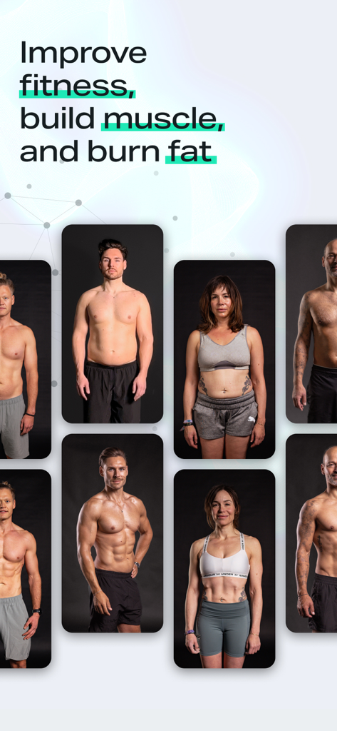 Before and after body transformation photos of men and women using the Freeletics app