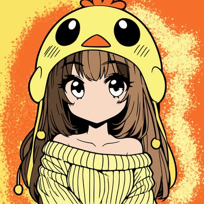 anime girl with chick shaped hat with sweater with bare shoulders with bangs covering them one eye with low tail