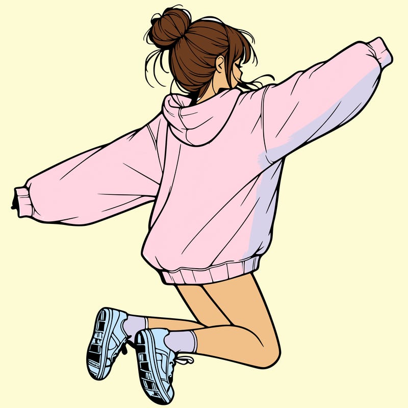 realistic girl jumping with a bun and oversized sweatshirt