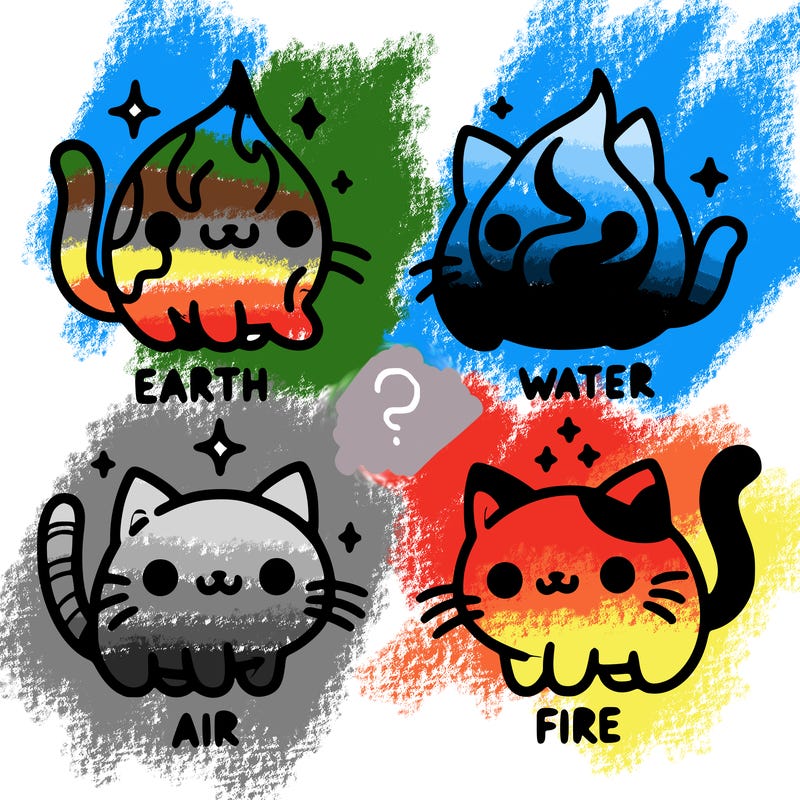 4 cats that represent the different elements, earth, water, air, and fire