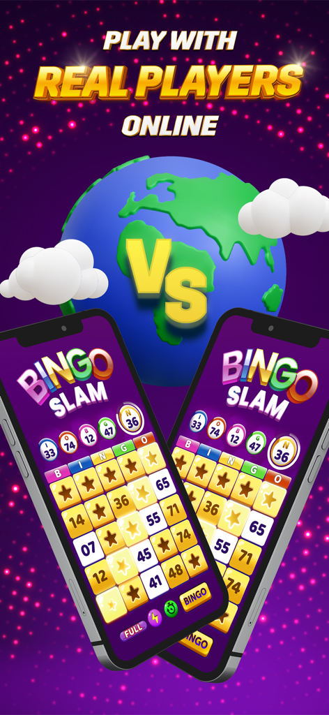 Bingo Slam gameplay showing two phones competing in an online match against real players.