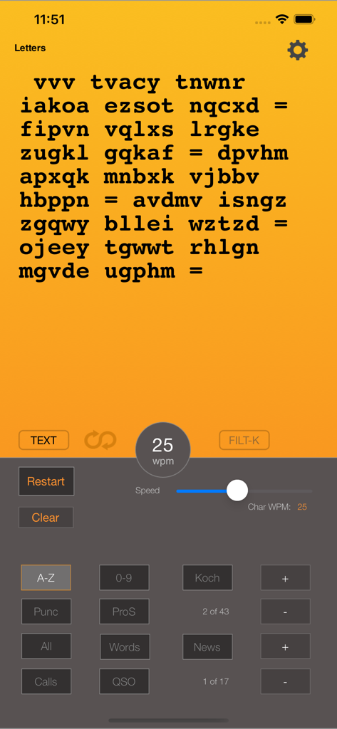 Ham Morse - Interface of the Ham Morse app showing the letter practice screen with a speed control slider set to twenty-five words per minute