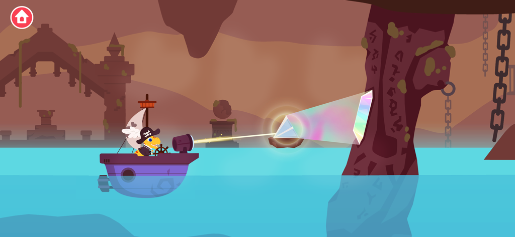 Dinosaur Pirate Games for kids - Dinosaur pirate on a boat using a light beam and prism to solve an optics puzzle in a kids educational game