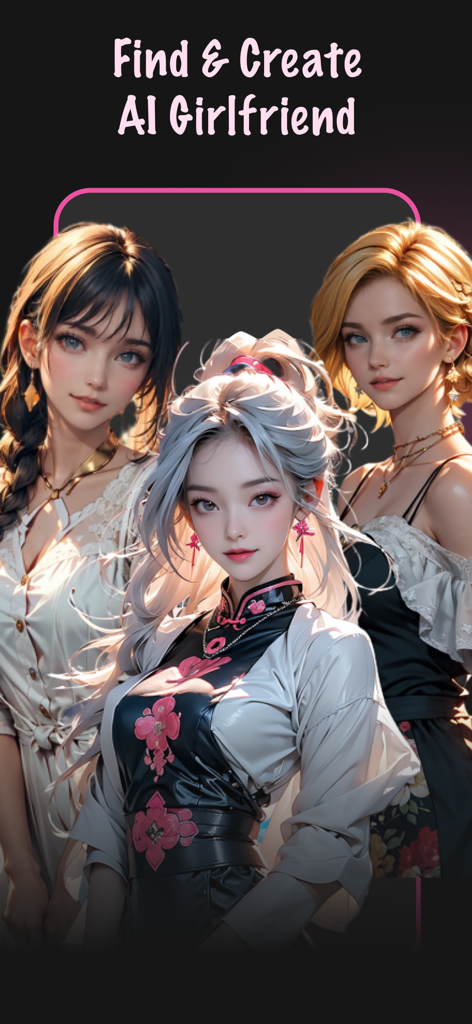 Interface displaying three different AI female characters with the header Find and Create AI Girlfriend