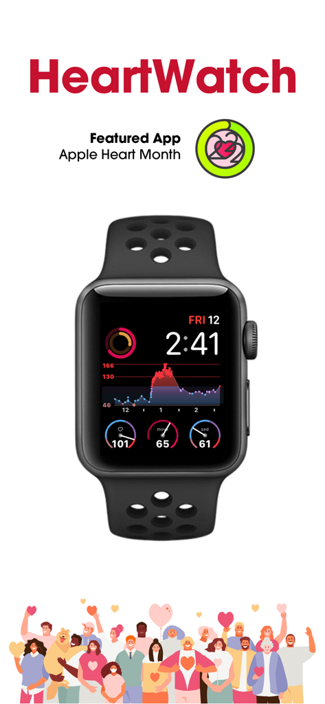 HeartWatch app displayed on an Apple Watch showing heart rate data and activity metrics
