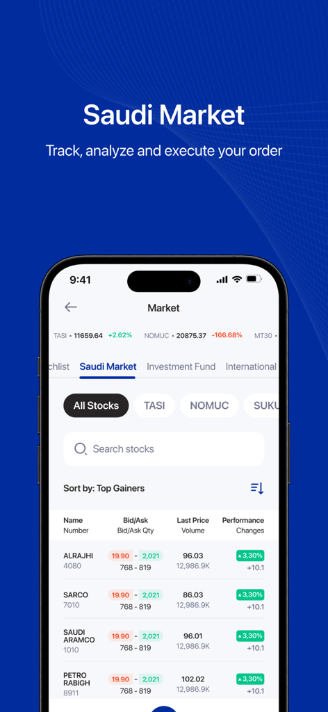 Écran mobile de l'application AlRajhi Capital affichant les prix du marché boursier saoudien en temps réel et les plus fortes hausses
