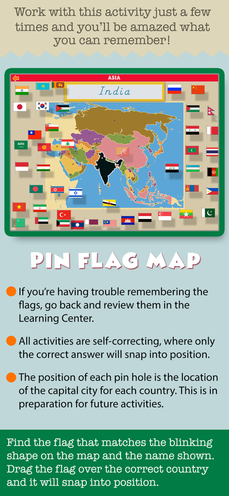 Montessori Ultimate Geography - Interactive Pin Flag Map of Asia in the Montessori Ultimate Geography educational app