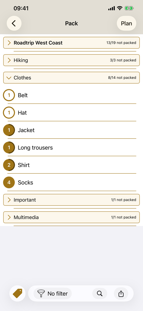 Pack The Bag Pro - A packing list in the Pack The Bag Pro app showing trip categories like hiking and clothes with specific item quantities.