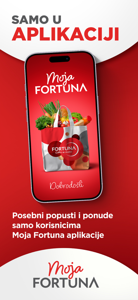 Moja Fortuna - Moja Fortuna mobile app welcome screen showing grocery discounts and a shopping bag with fresh vegetables
